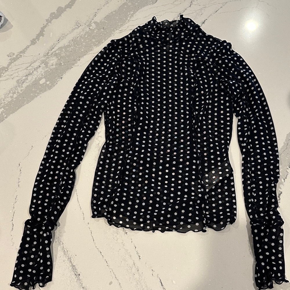 Free People Black and White Sheer Polka Dot Women's Mock NeckTop